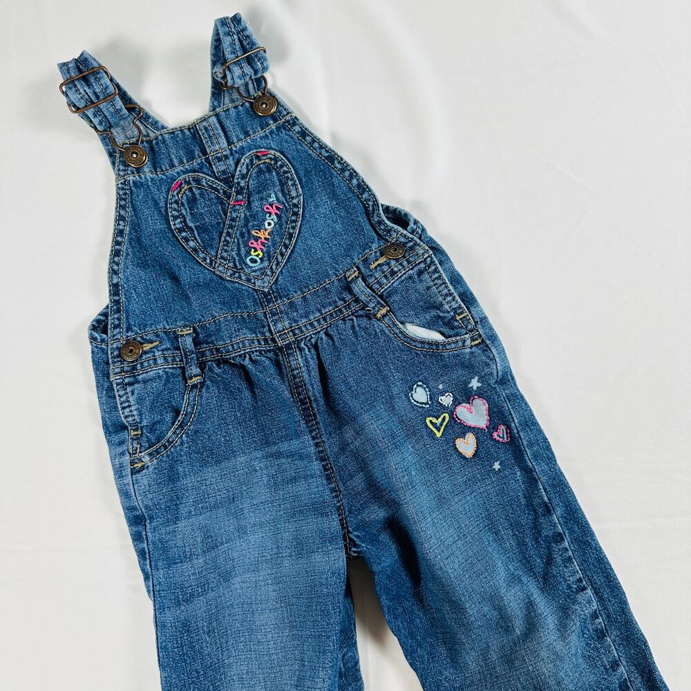 OshKosh B'gosh Embroidered Heart Embellished Denim Overalls Sz 18 mo